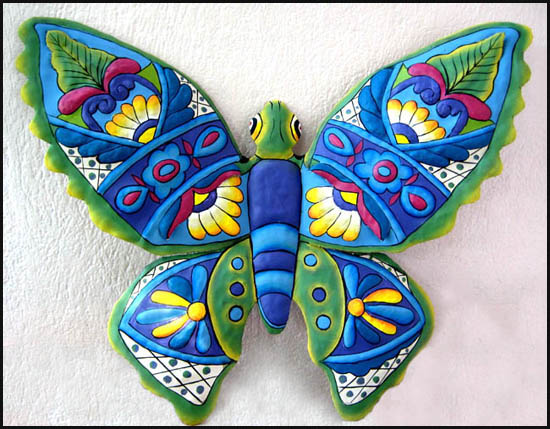 Hand painted  butterfly wall hanging - Tropical metal garden art - Handcrafted in Haiti from recycled steel drums